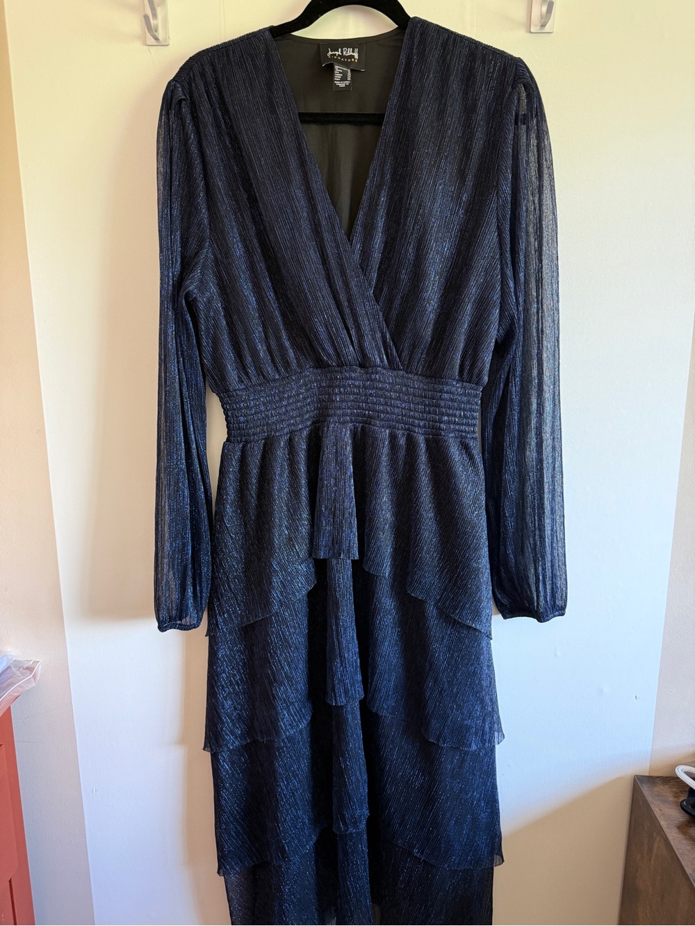 Joseph Ribkoff Signature Metallic Navy Tiered Midi Dress Size 16 Formal Cocktail